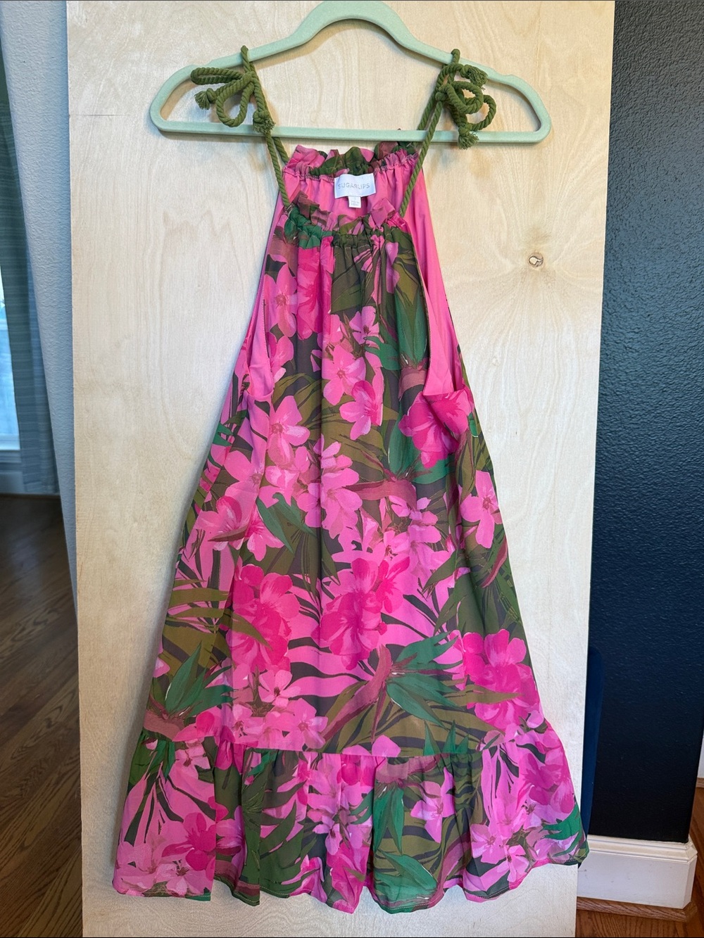 Sugarlips Pink Floral Halter Dress with Green Leaf Print